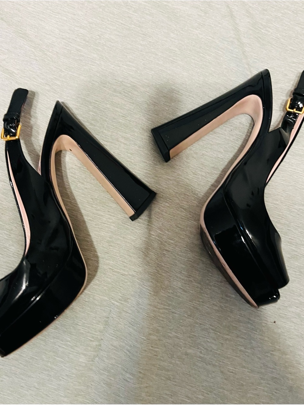 Miu Miu Black Patent Platform Slingback Heels with Pink Trim